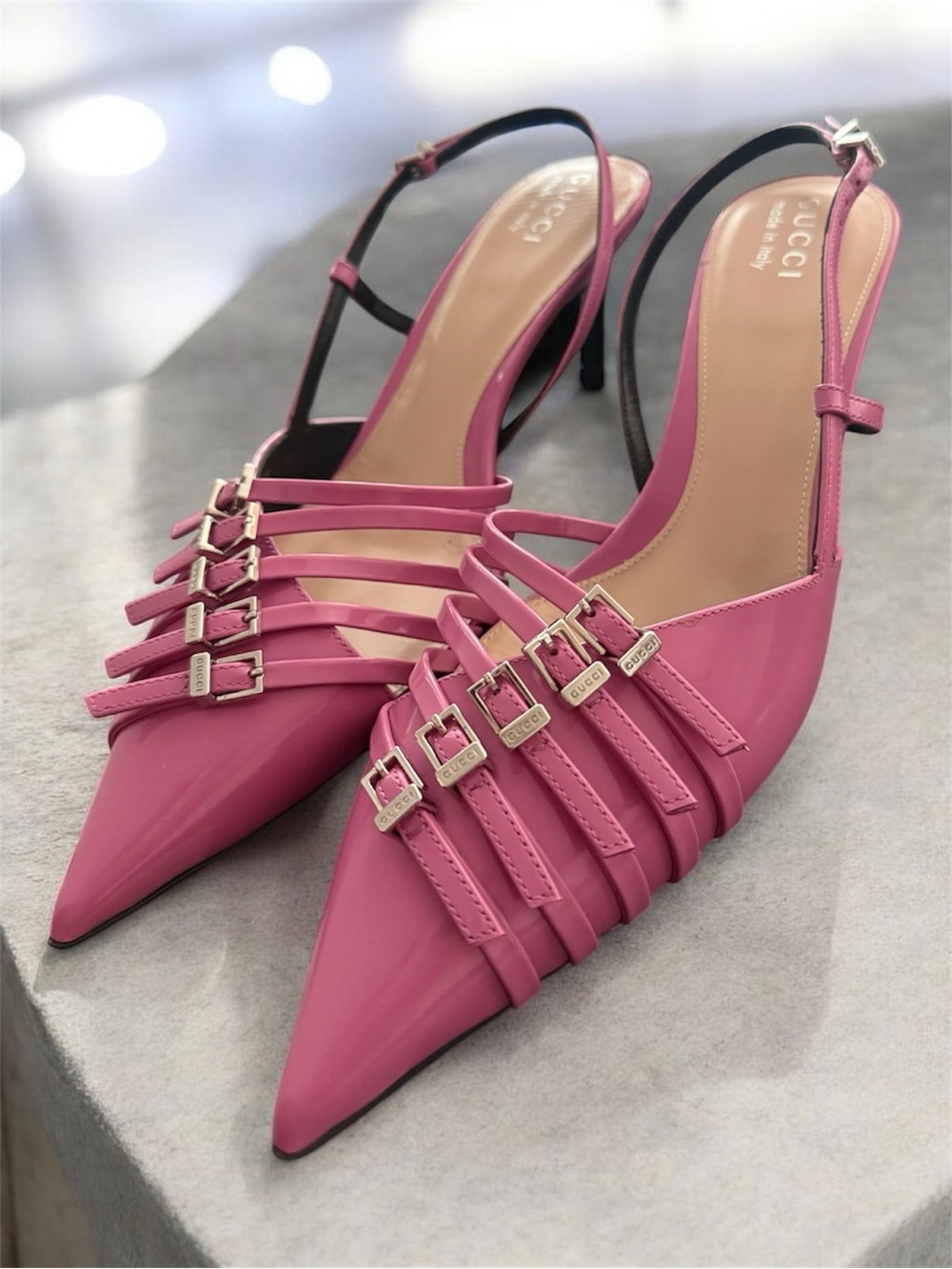 Gucci Pink Strappy Slingback Pointed Toe Pumps